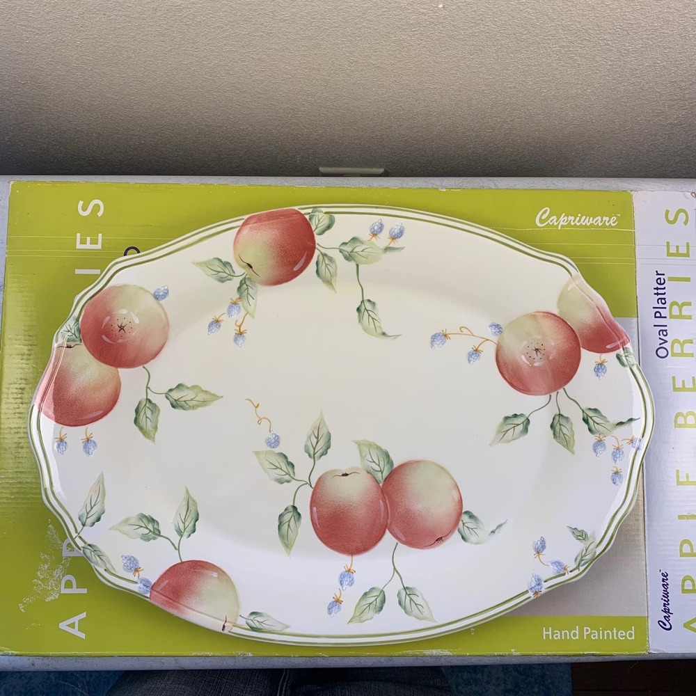 NEW Capriware Apple Berries Oval Serving Platter Dish 18x13 Hand Painted, in Box